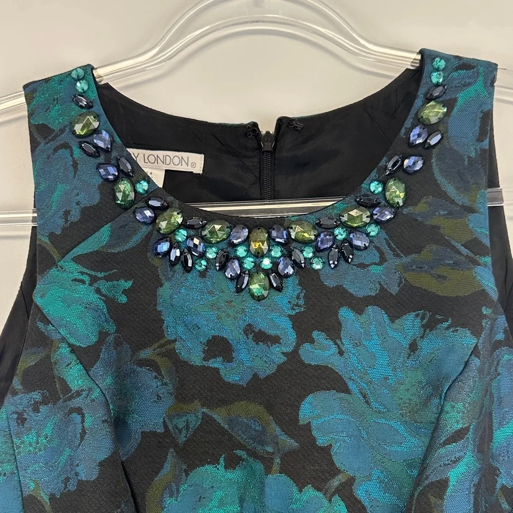 Maggy London Teal Black Jacquard A-Line Cocktail Dress Embellished Neck 8